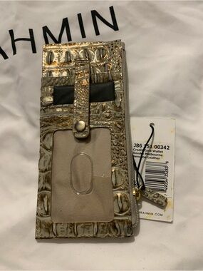 New Brahmin Slim Embossed Leather Credit Card Wallet in Smoke